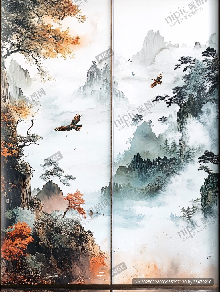 山水双屏图 鹰翔云雾间
