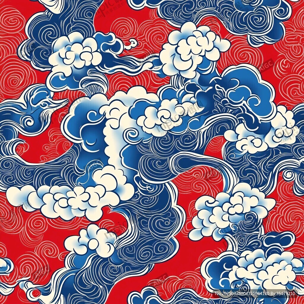 中式红蓝祥云海浪图案