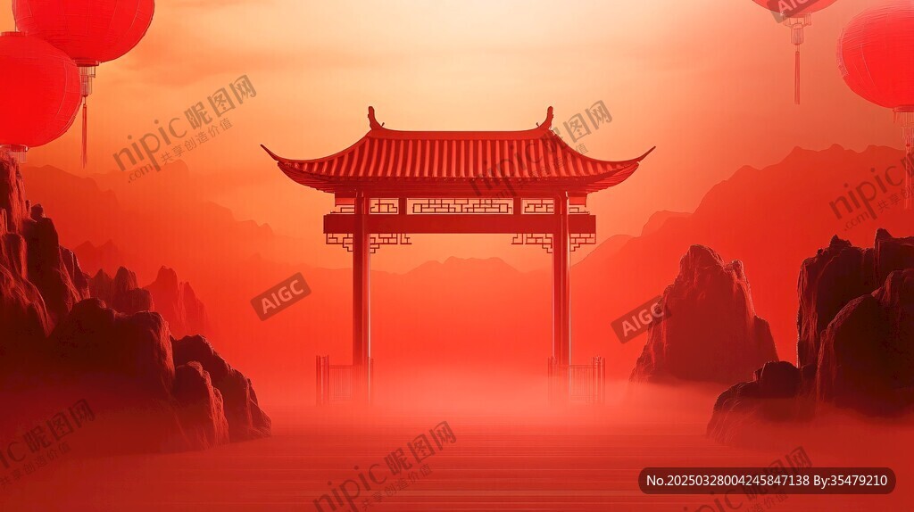 中式古风建筑落日美景