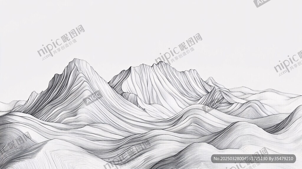 黑白线条勾勒的连绵山脉