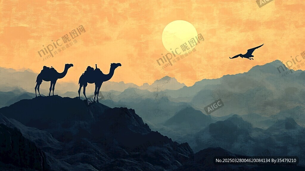 夕阳下骆驼与飞鸟的壮美画面