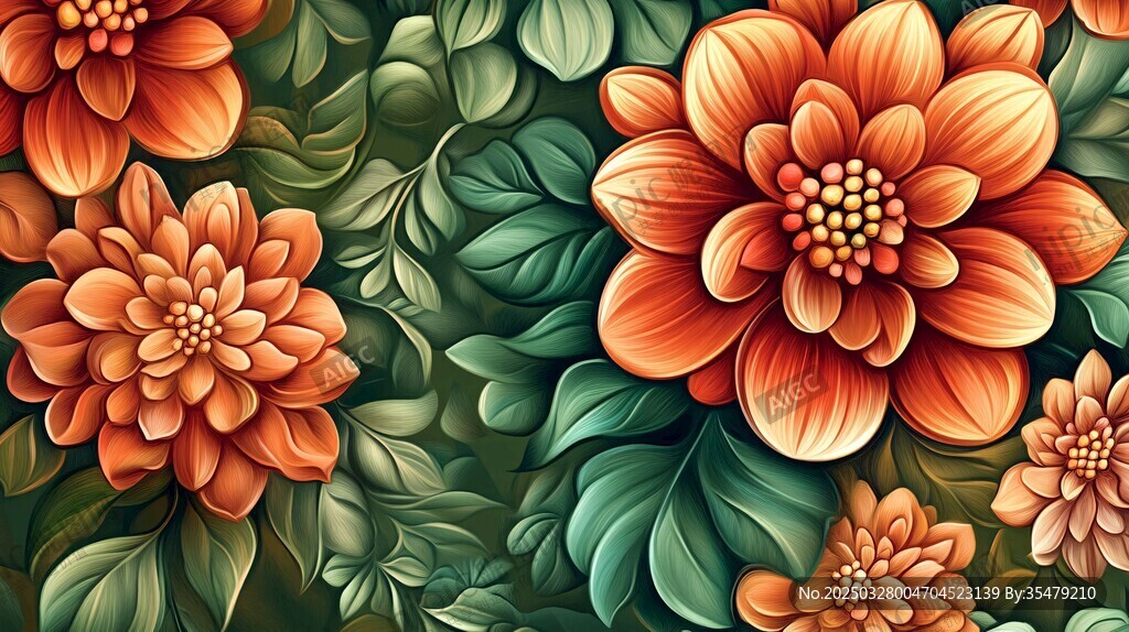 橙色花卉与绿叶精美图案