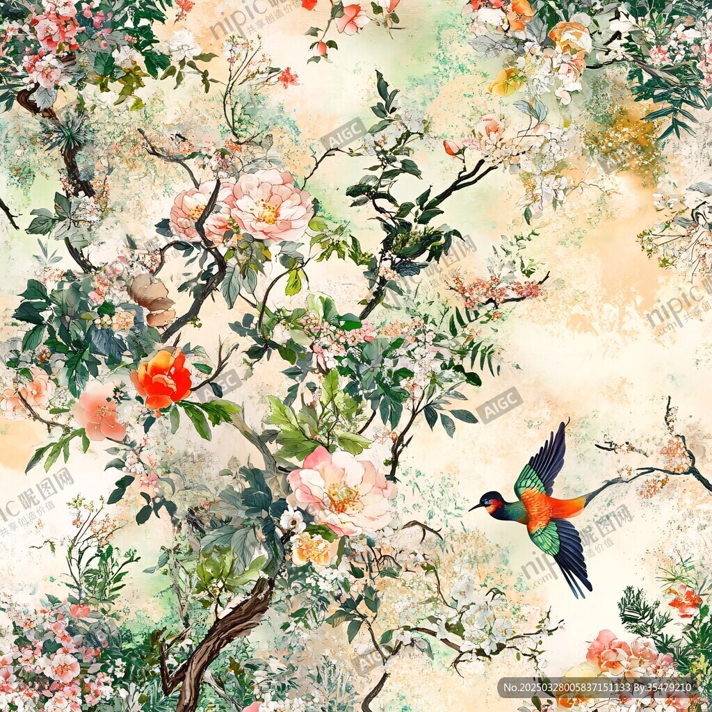 花鸟图绘 繁花间飞鸟