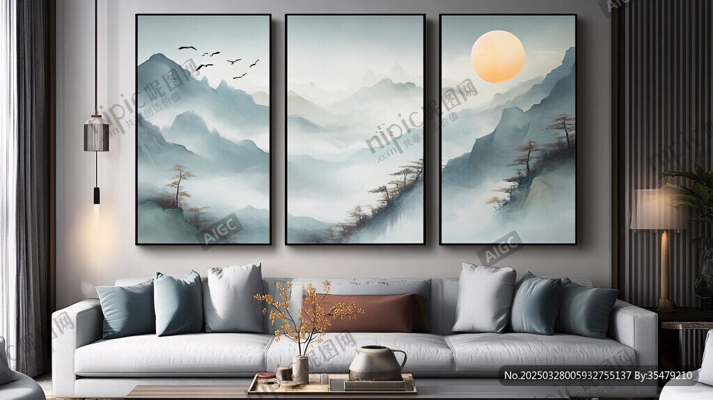 新中式客厅山水挂画装饰