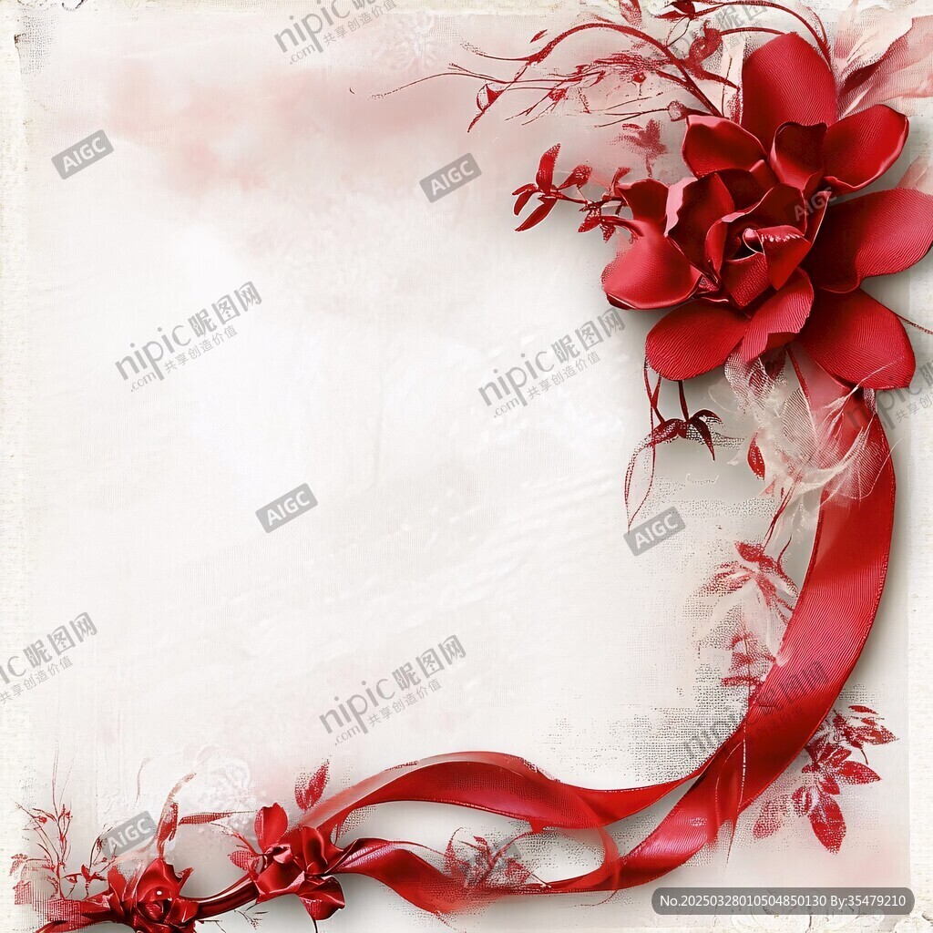 红色花卉丝带浪漫背景图