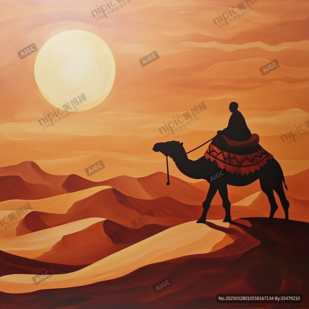 沙漠驼影 夕阳下的孤独旅程