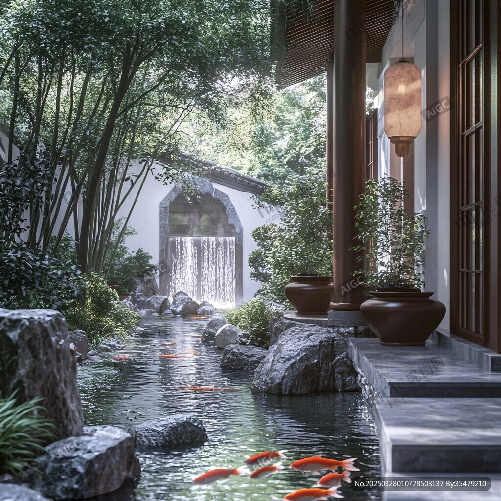 中式庭院中的灵动锦鲤景观