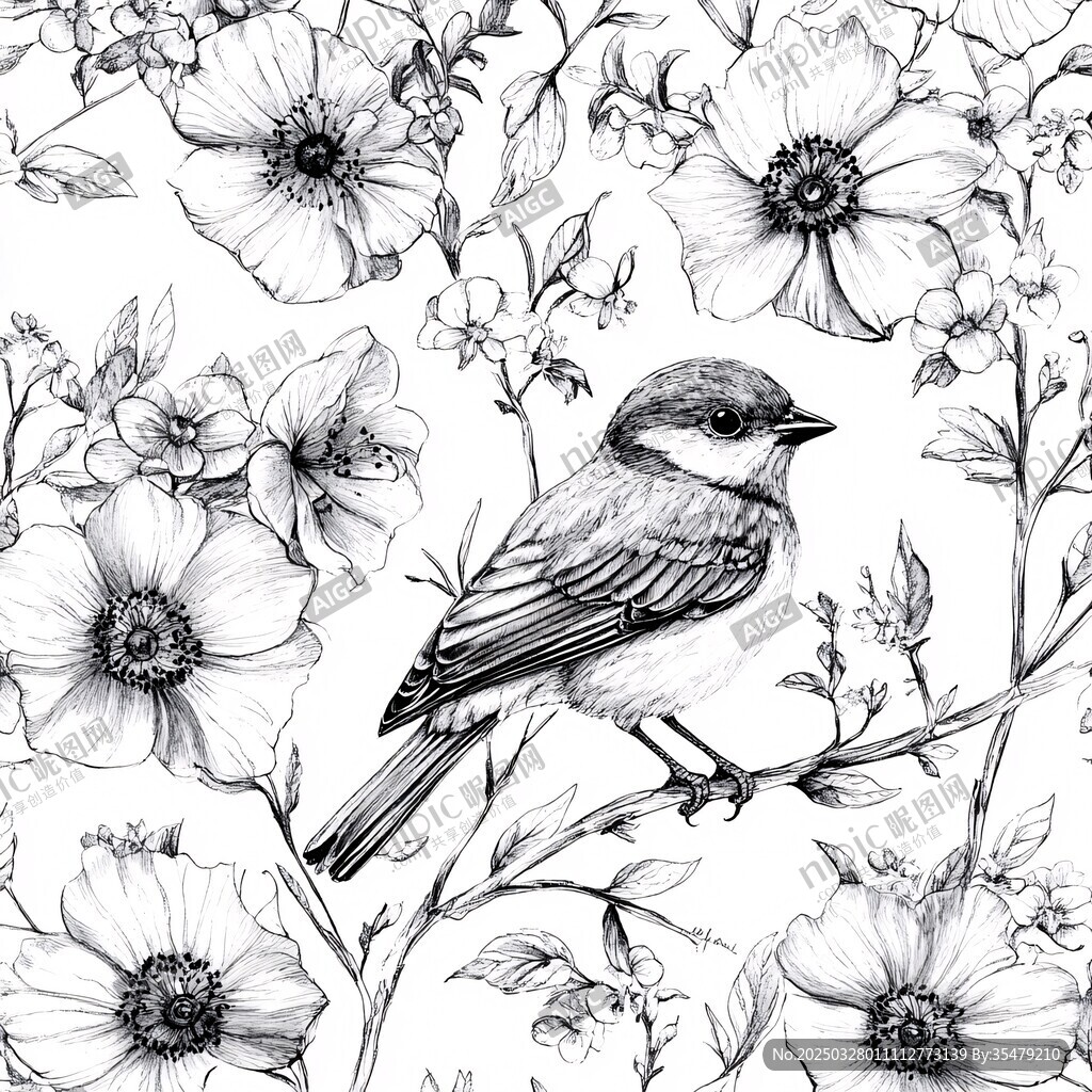 花鸟素描图