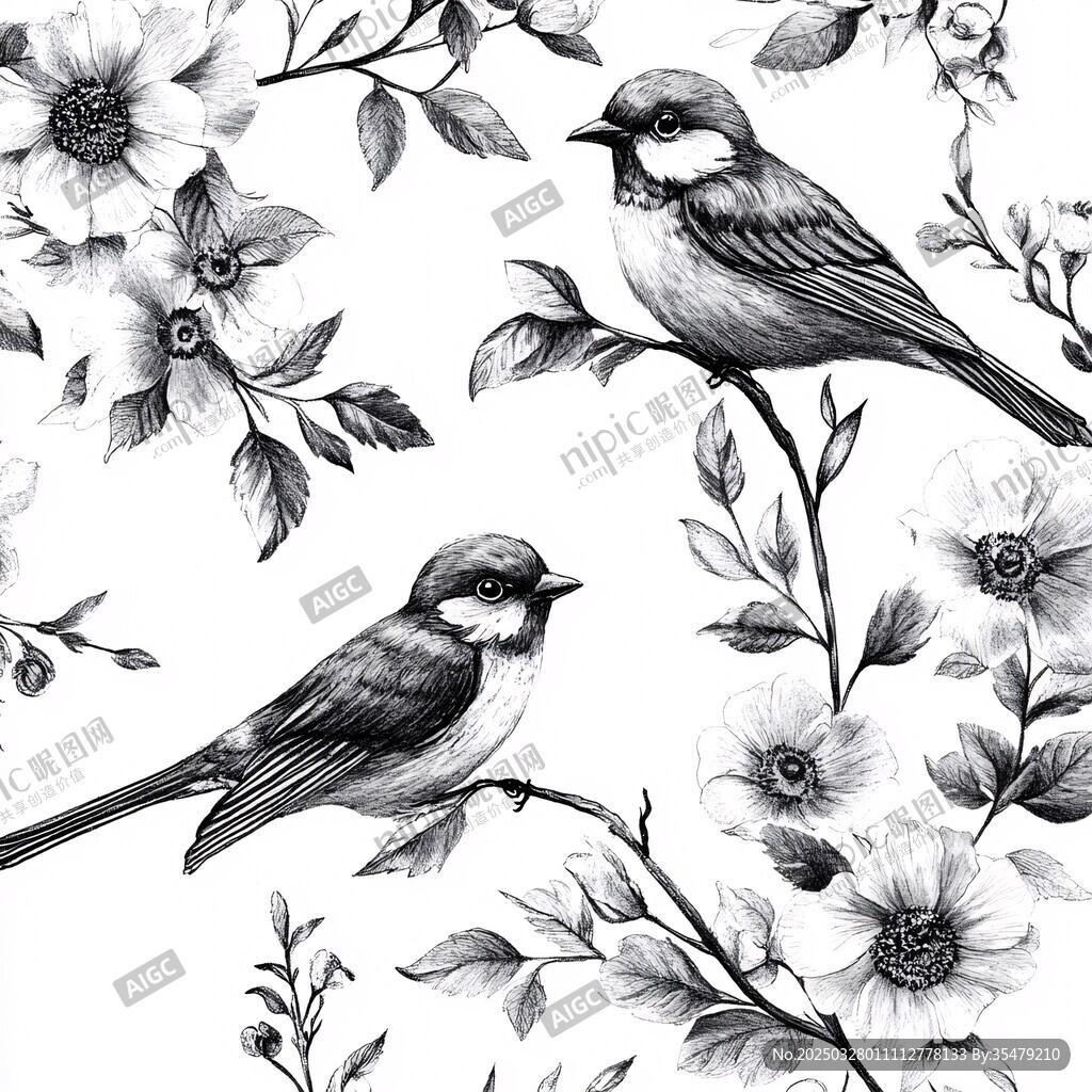 花鸟黑白插画图案设计
