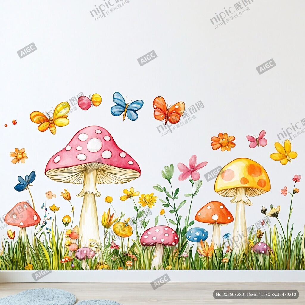 梦幻蘑菇花卉蝴蝶墙贴画