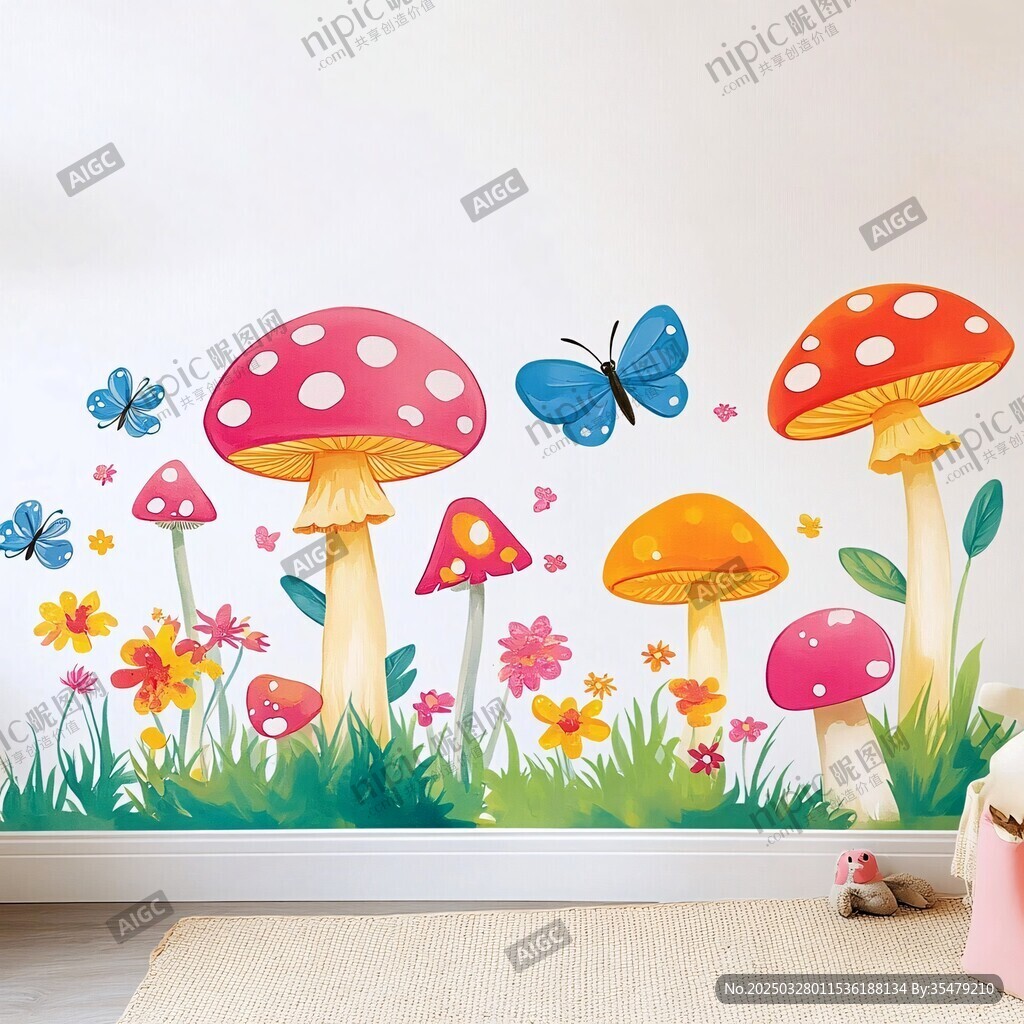 梦幻蘑菇花卉蝴蝶墙贴画