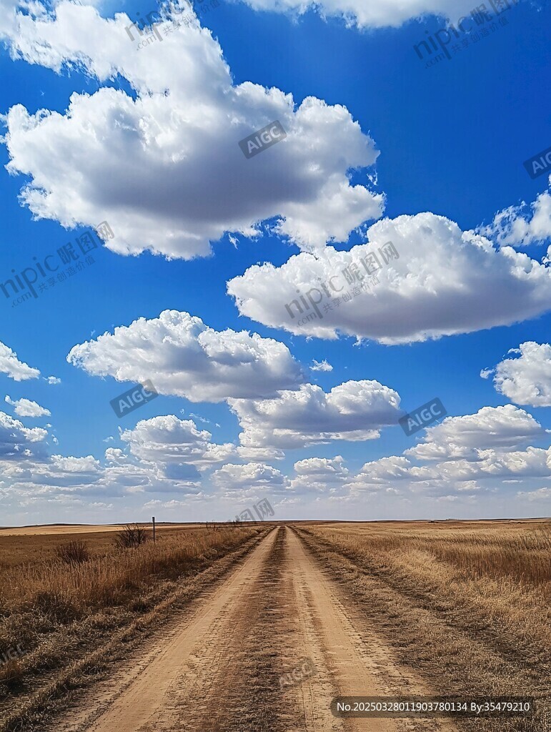 旷野土路与蓝天白云美景