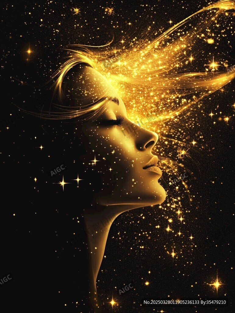 梦幻金光女性侧脸星空图