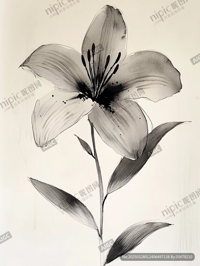水墨风格百合花艺术插画