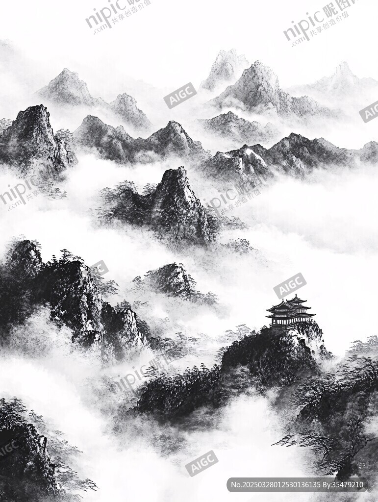 水墨山水间的古韵楼阁