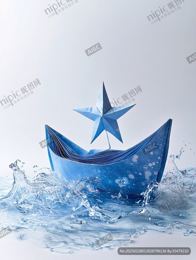 蓝色纸船于水花中启航