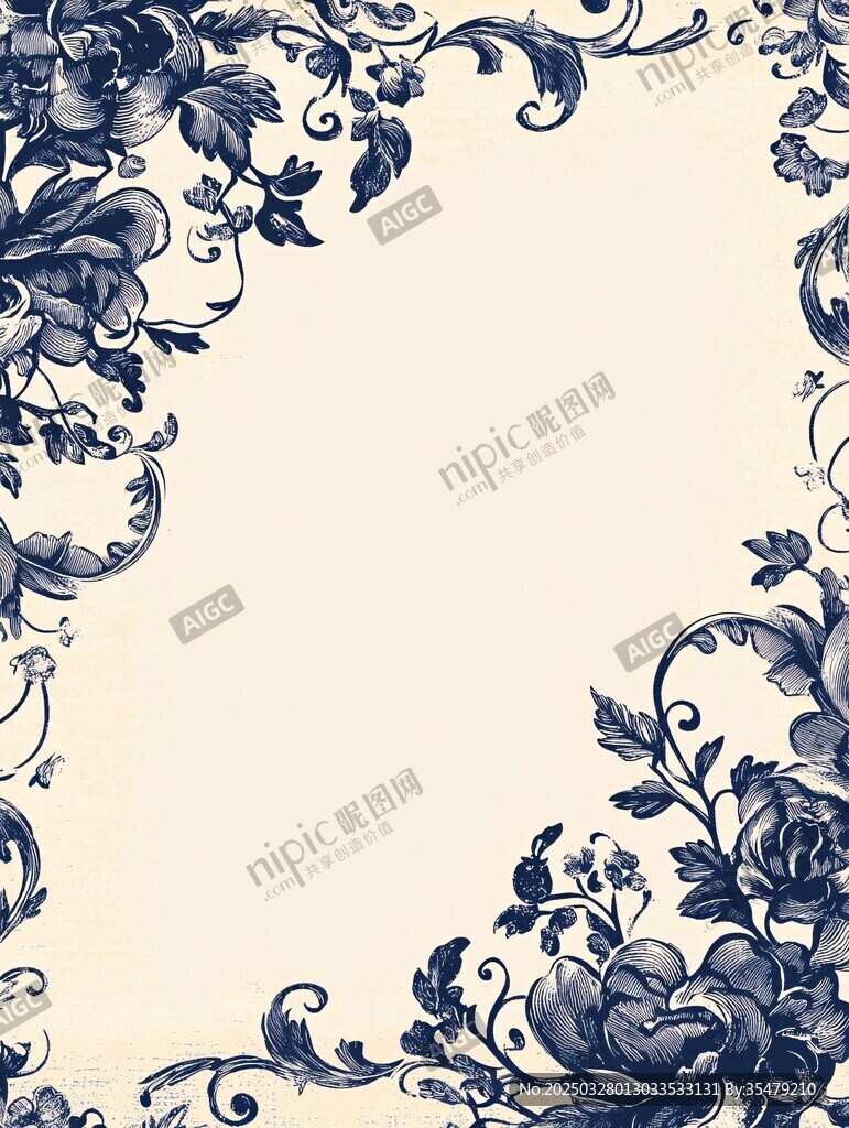 蓝白花卉复古边框图案