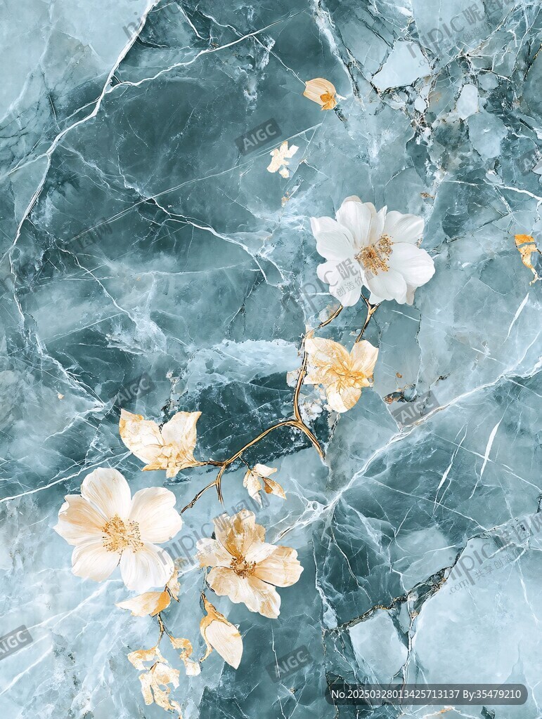 蓝绿大理石上的雅致花朵