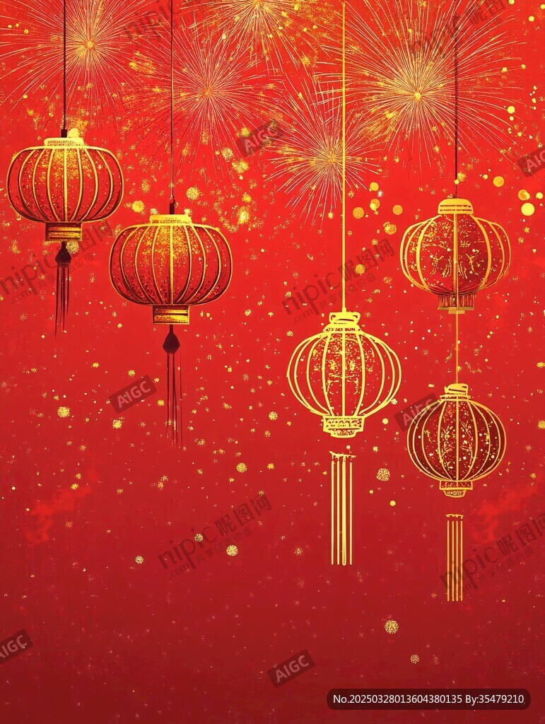 喜庆红灯笼与绚烂烟花背景