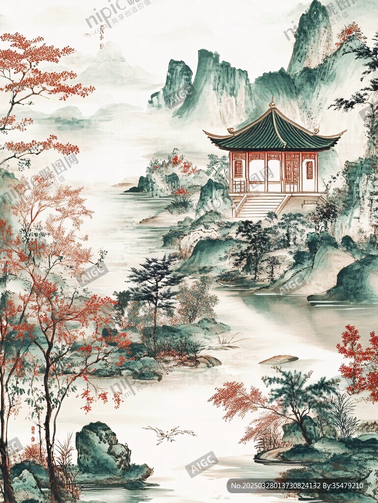 中式山水亭阁诗意画卷