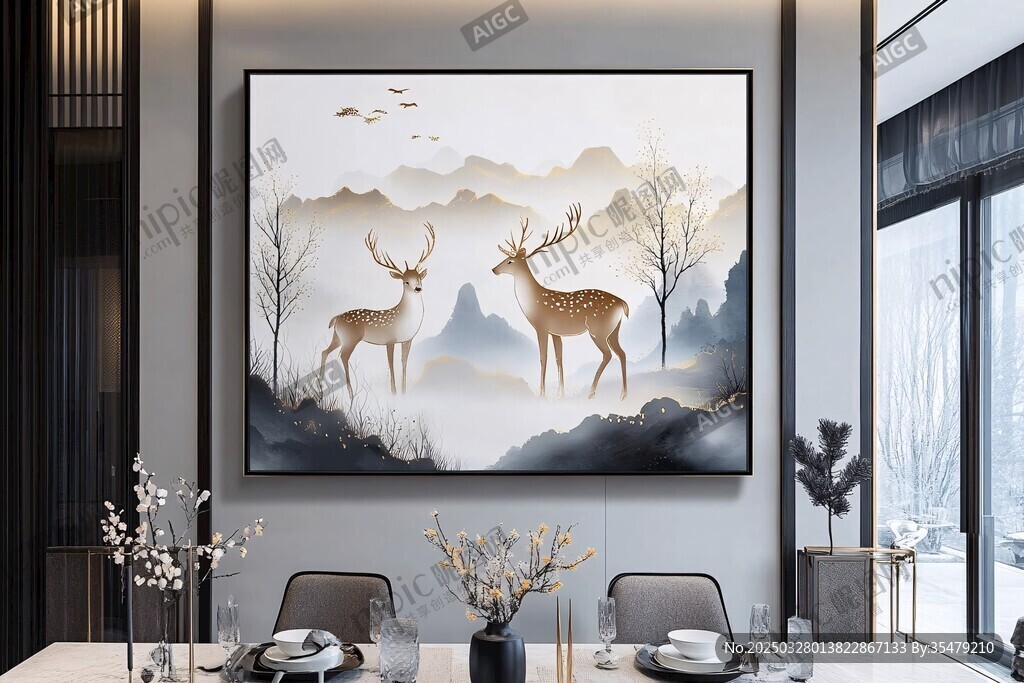 新中式客厅的雅致鹿景挂画