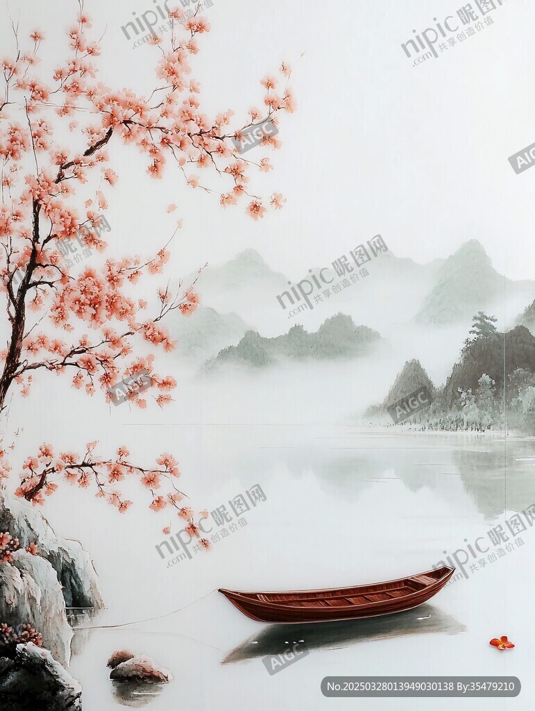水墨湖畔小船伴花景