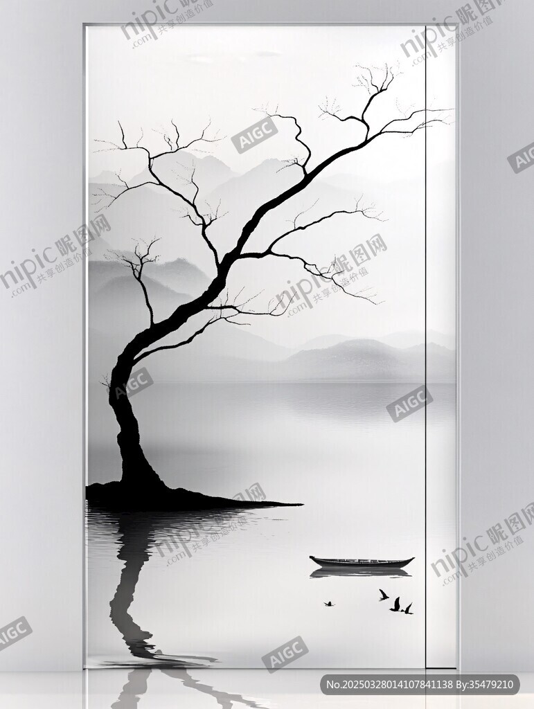 水墨孤树静湖意境图