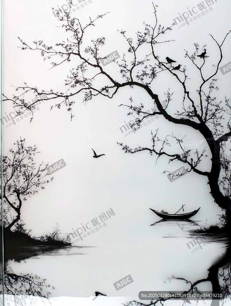 水墨江畔景 孤舟栖鸟图