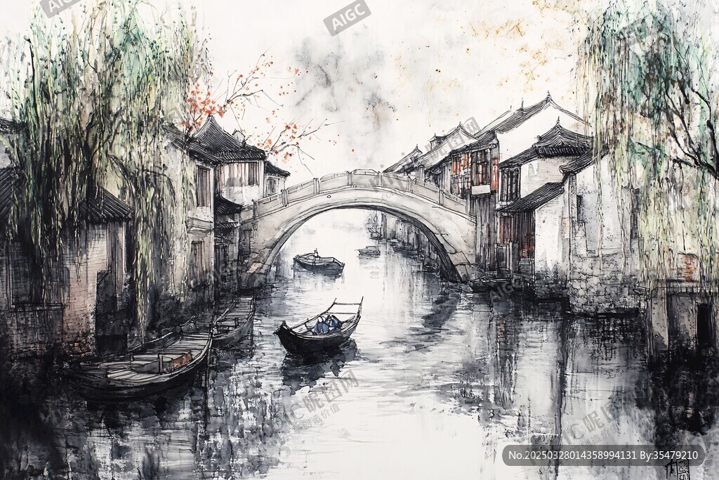 江南水乡水墨桥畔小船景