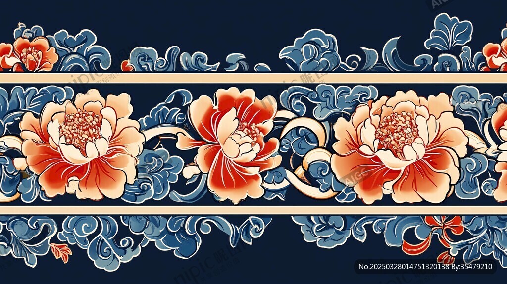 中式牡丹云纹传统装饰图案