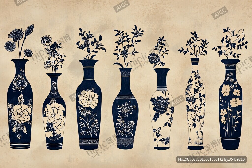 中式青花瓷瓶插花图案