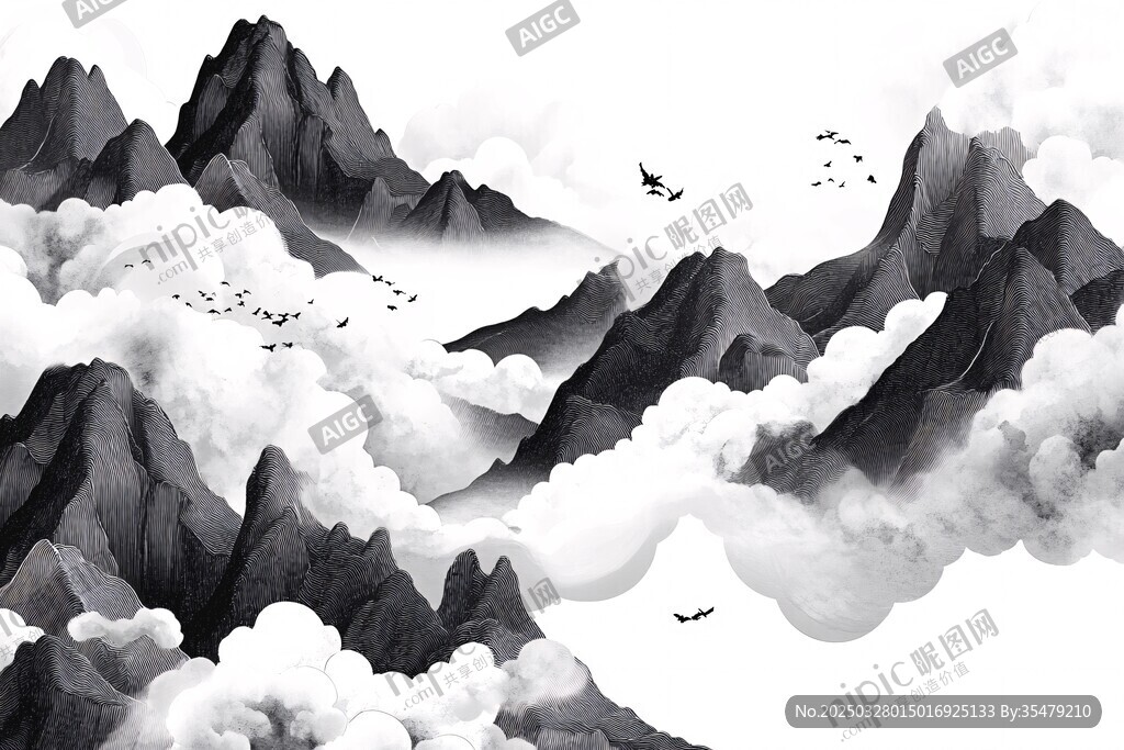 水墨群山飞鸟云海意境图