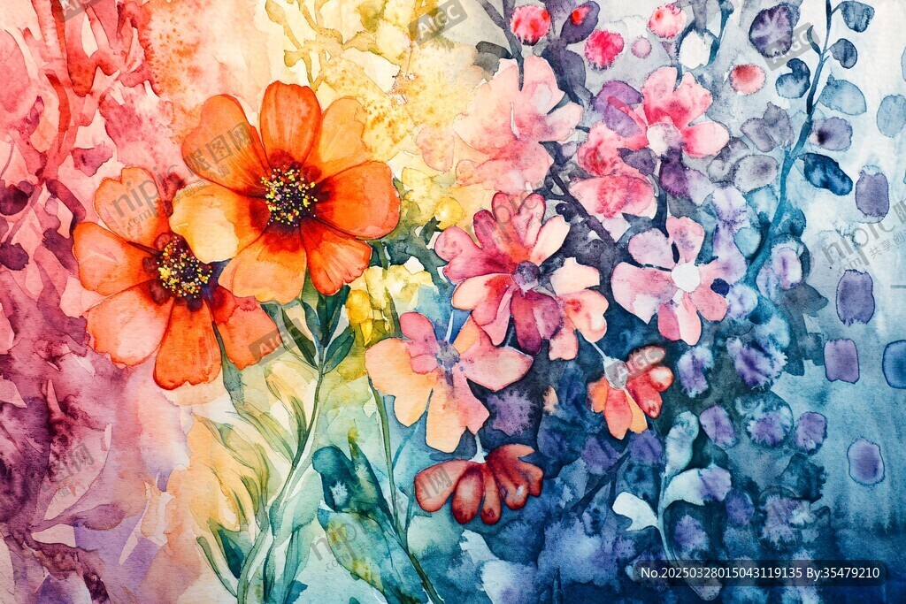 缤纷水彩花卉艺术画作