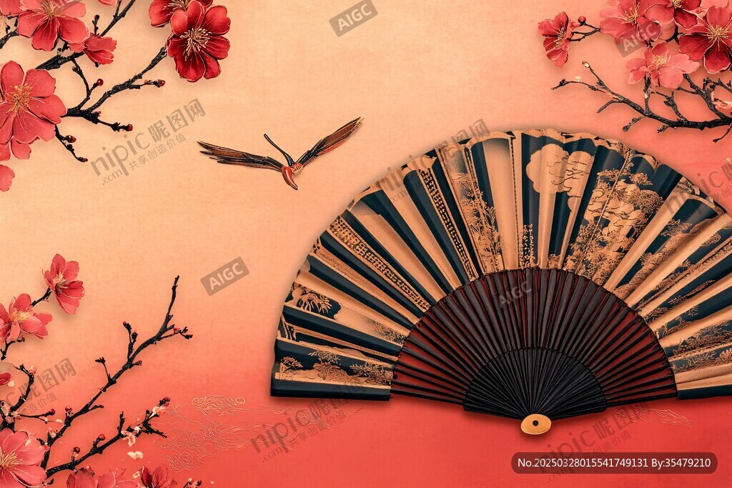古典折扇与烂漫花枝之景