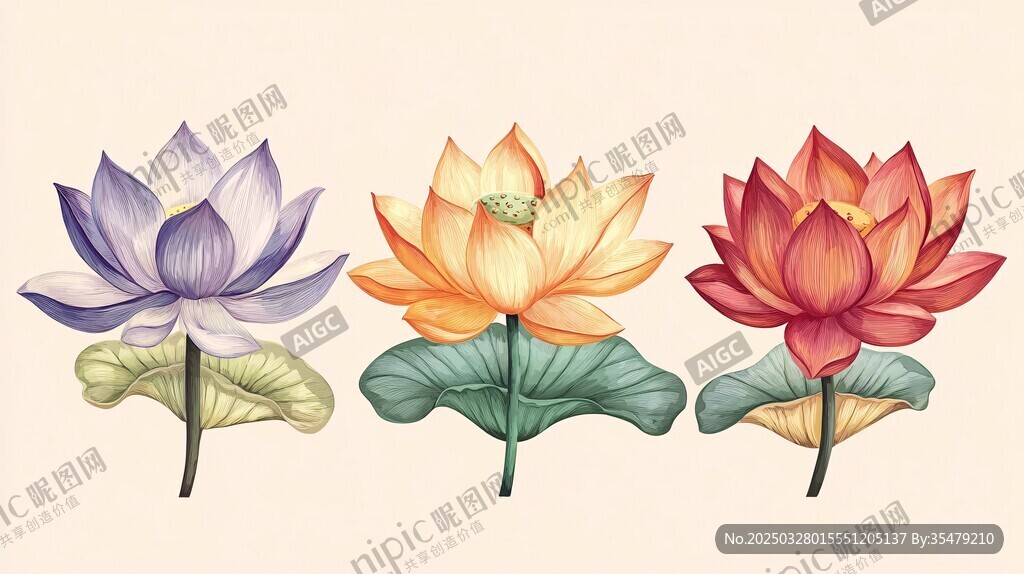 三朵色彩绚丽的手绘莲花