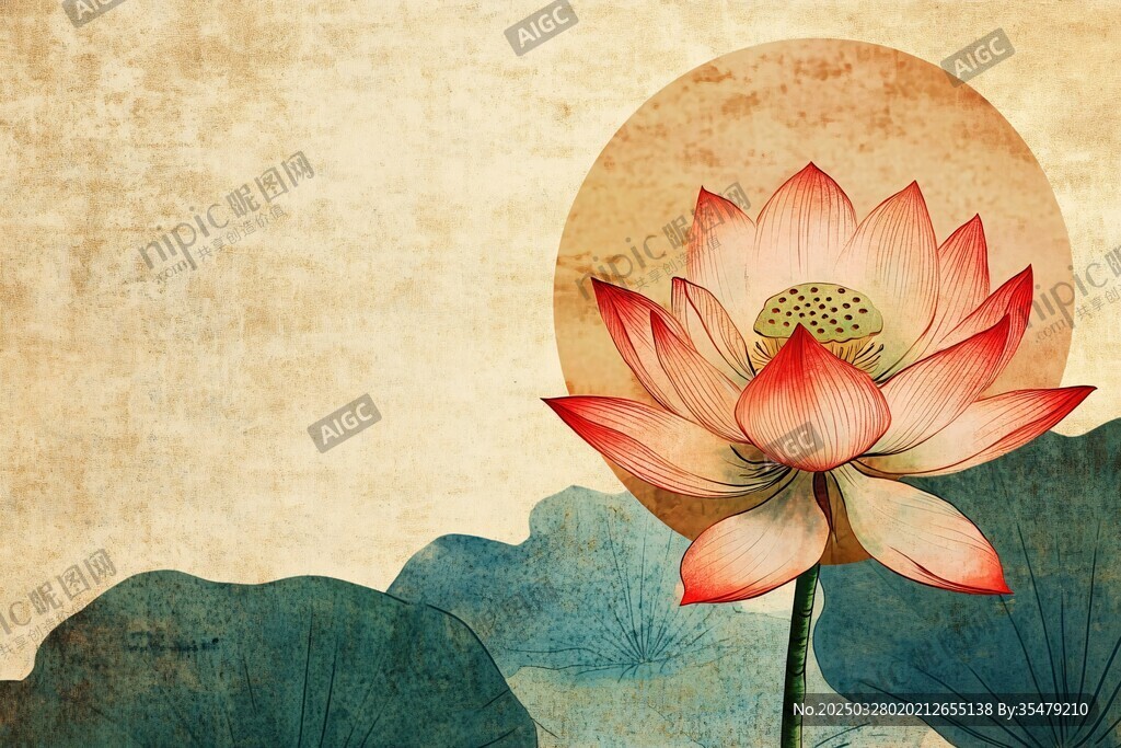 复古风莲花插画艺术图