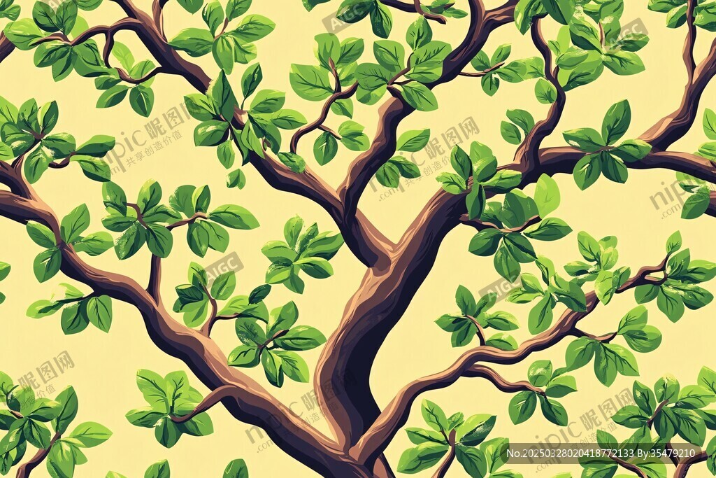 繁茂树枝绿叶插画图案