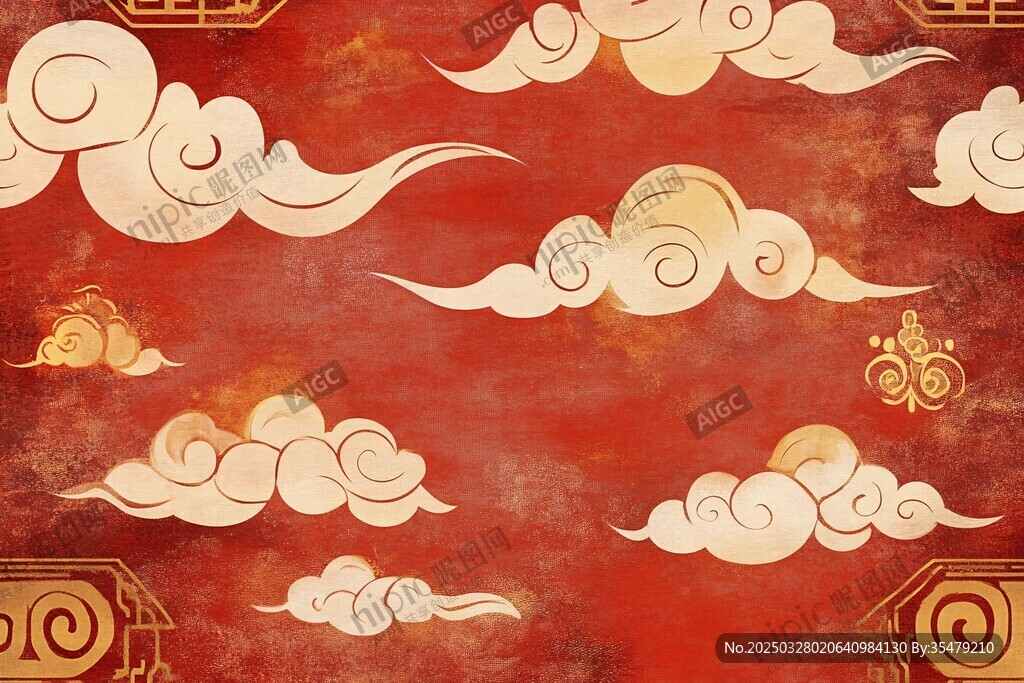 中式古风祥云红色背景图