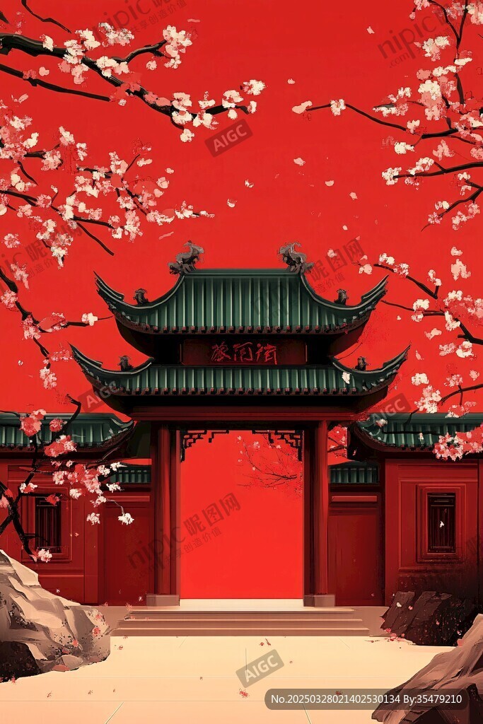 红墙古建映繁花