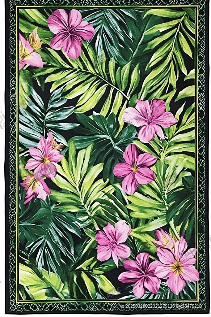 热带花卉绿叶图案地毯