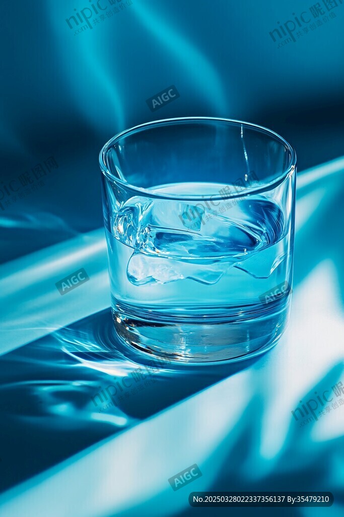蓝色背景下的透明水杯