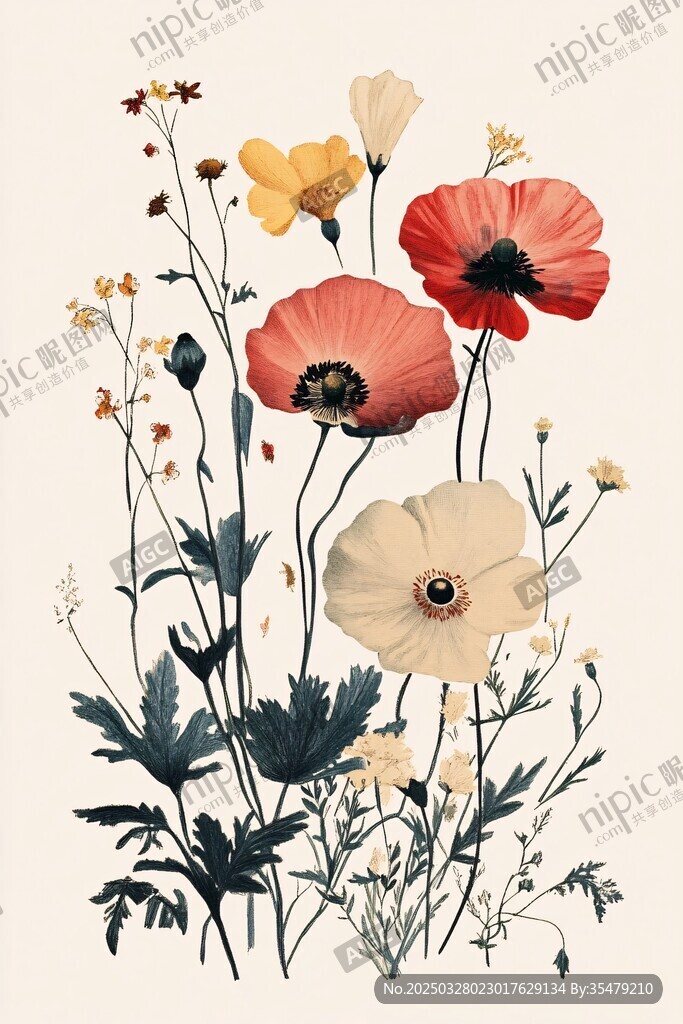 手绘多彩花卉插画