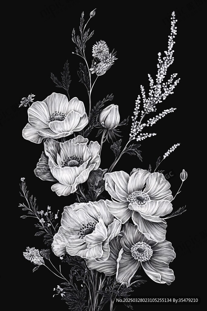 黑白花卉插画