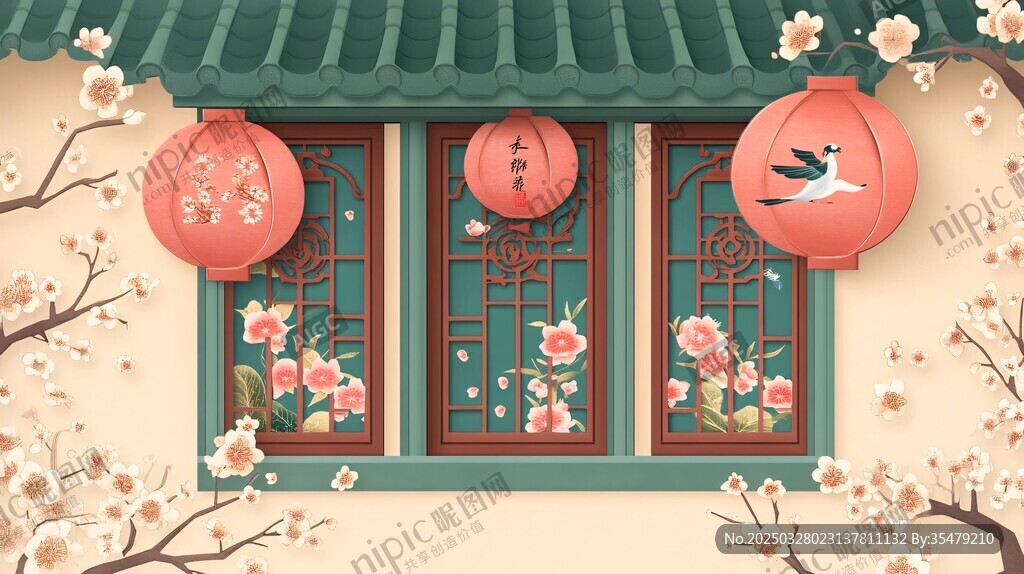 中式窗景挂红灯笼赏春景