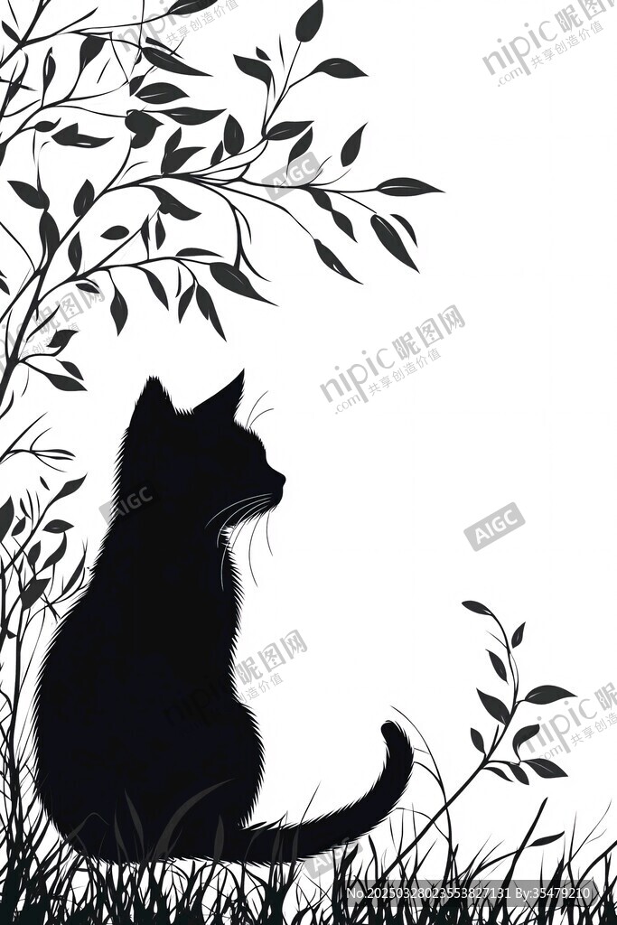 黑猫坐于草木间剪影