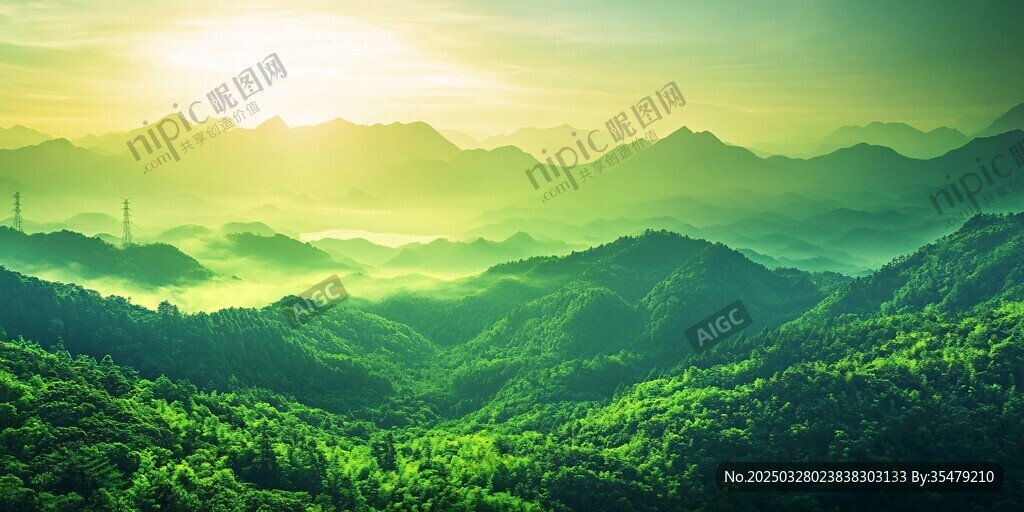 晨曦中的翠绿山峦美景