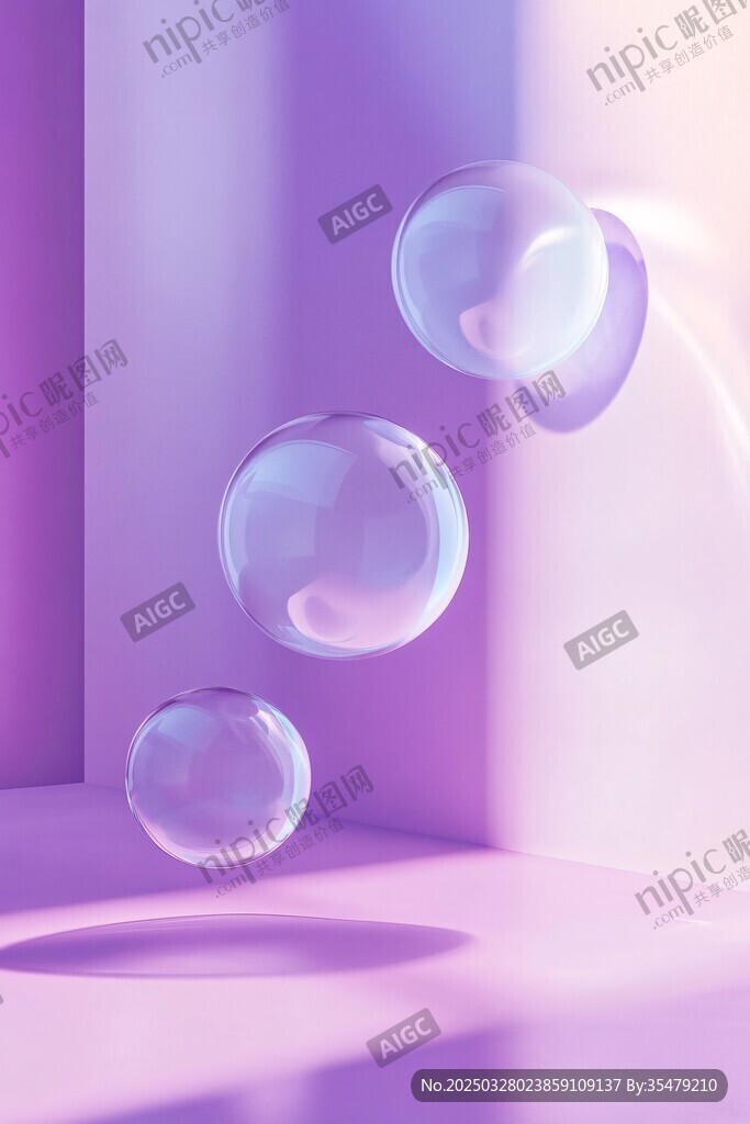 梦幻紫色空间中的透明气泡