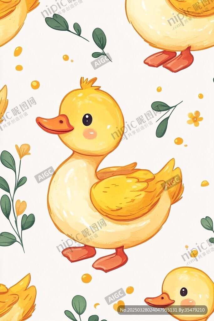 可爱小黄鸭与花草图案