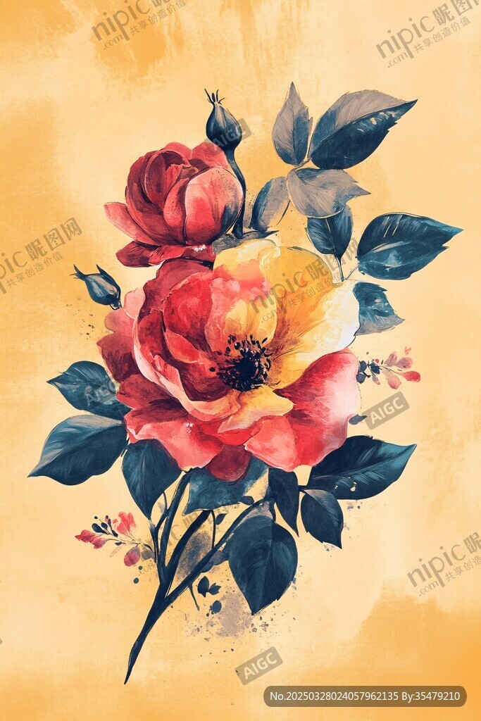 水彩绘就的艳丽花卉组合