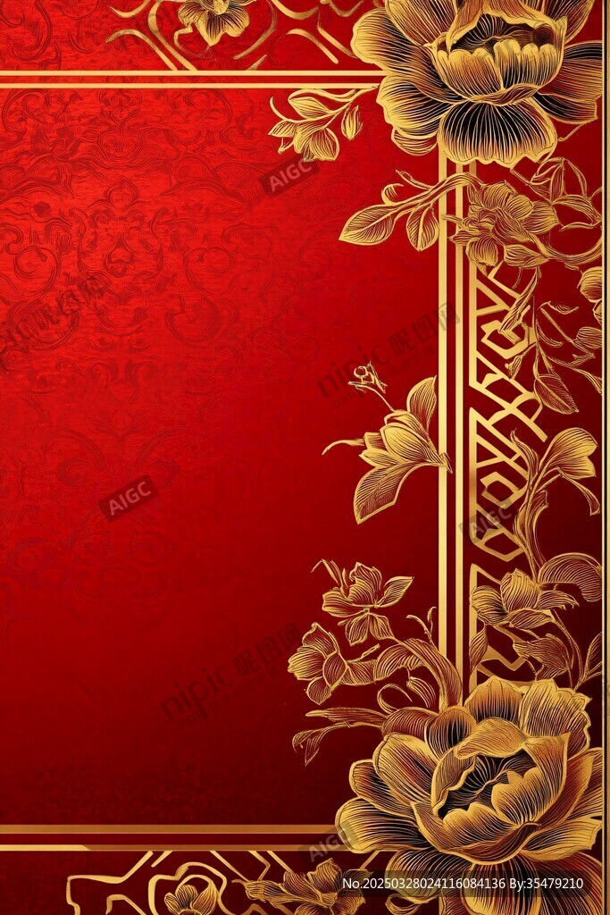 红色金边牡丹花纹背景图